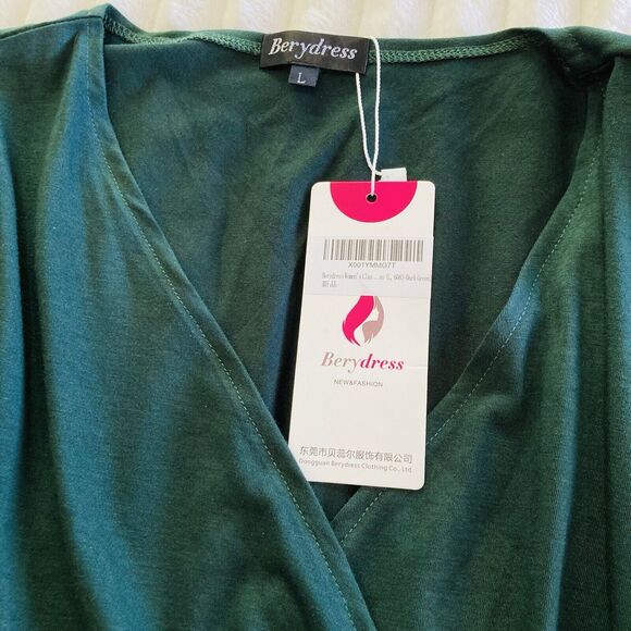 Berydress Women Dress Large 3/4 Sleeve Faux Wrap Dark Green Classic - Picture 2 of 9